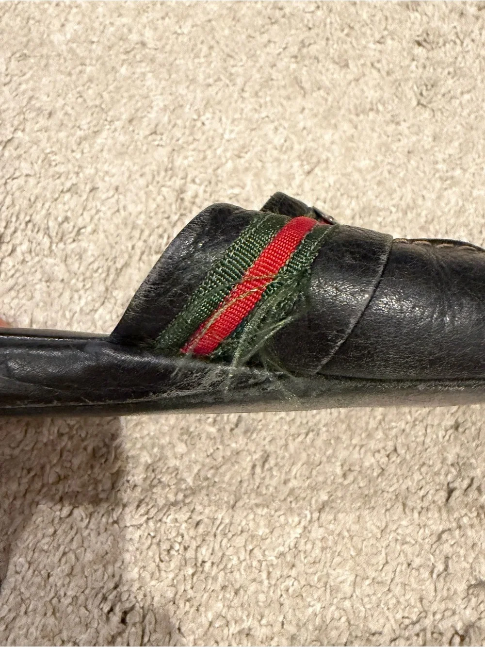 Vintage Gucci Black Pebble Leather Slippers/Mules with Green and Red Stripe